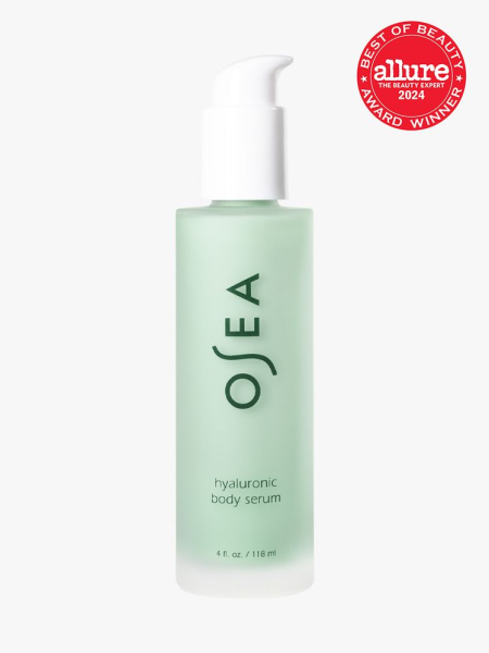 body serum in branded clear bottle with white pump on light gray background with red and white 2024 allure best of beauty seal